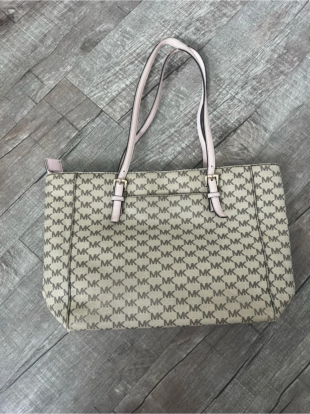 Michael Kors Beige Signature MK Tote with Pink Trim